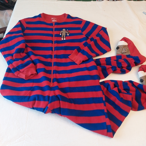 Nick And Nora Red Blue Striped Sock Monkey Footie One Piece Pajamas Unisex Sz S - Picture 13 of 13